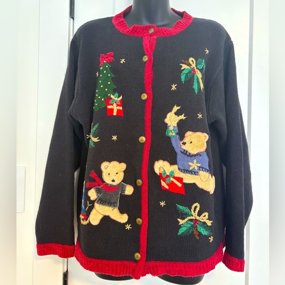 Cottage Cove Sweaters - Vintage Cottage Cove Knit Teddy Bear Ugly Christmas Sweater Cardigan Size Large